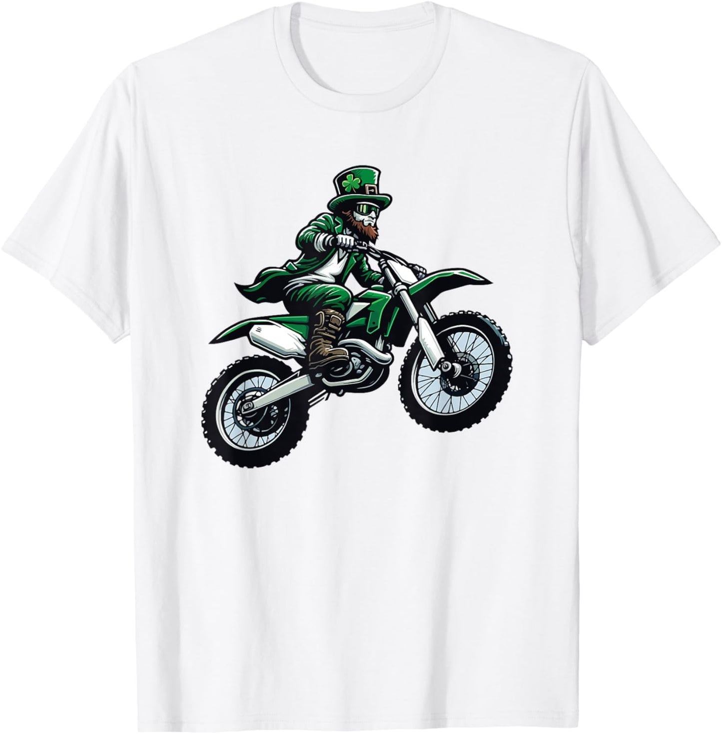 Dirt Bike Leprechaun Funny St Patrick's Day Racer Motorcycle T-Shirt - T-Shirt | White
