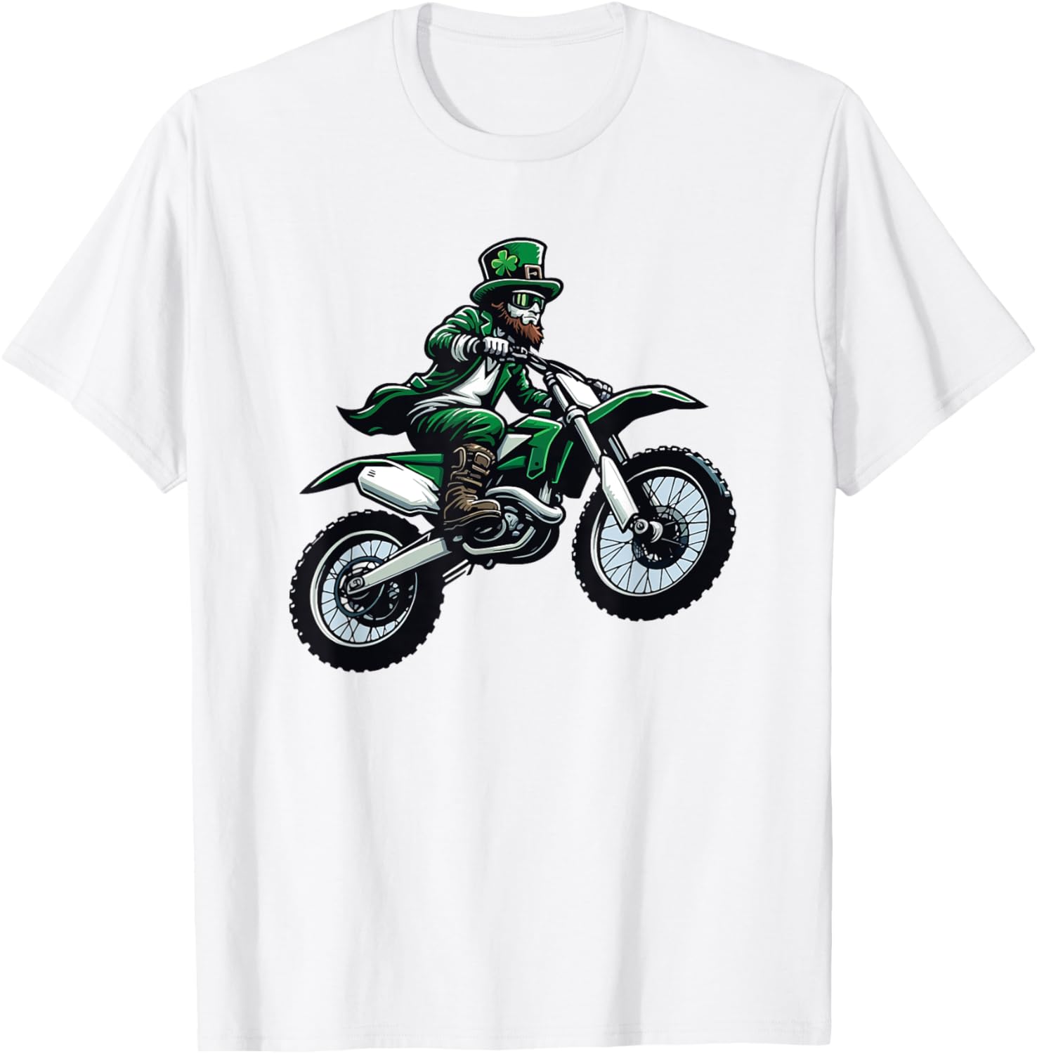 Dirt Bike Leprechaun Funny St Patrick's Day Racer Motorcycle T-Shirt - T-Shirt | White