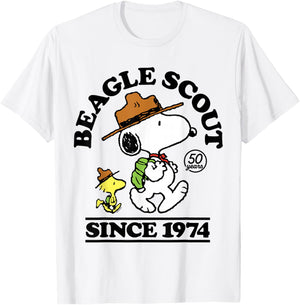 Peanuts - Snoopy Woodstock Beagle Scout 50 Years Since 1974 T-Shirt - T-Shirt | White