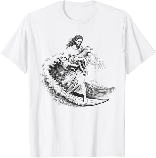 Surfing Jesus Christian Surfer Vintage Retro T-Shirt - T-Shirt | White