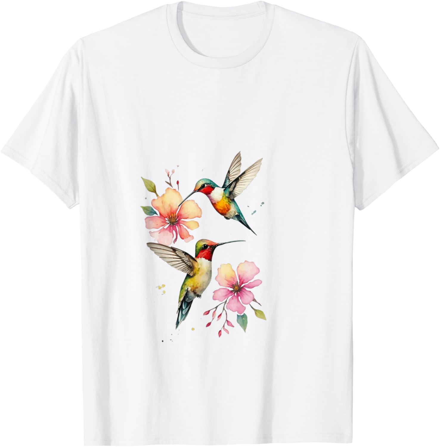 Vibrant Hummingbirds and Floral Watercolor Artwork T-Shirt - T-Shirt | White