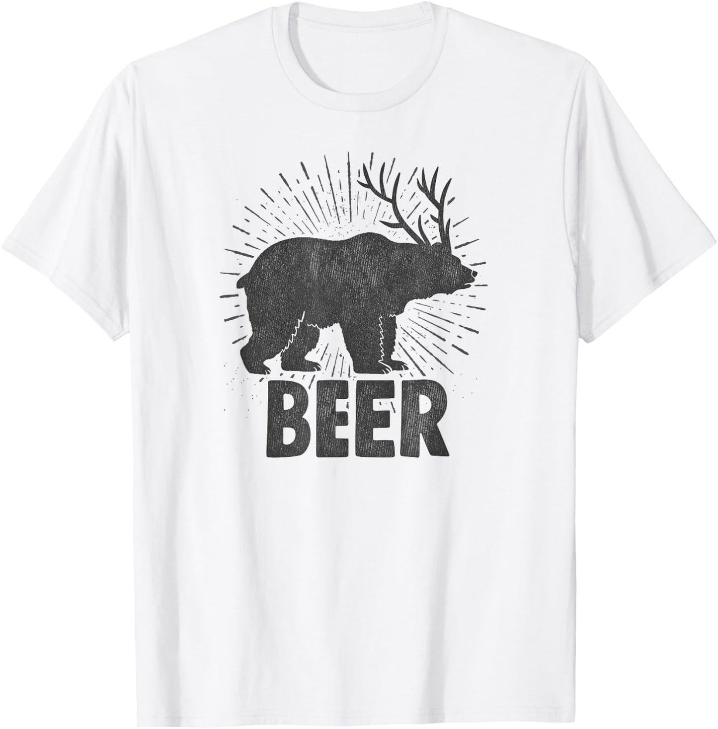 Funny Beer Drinking Design Bear, Deer Combination Distressed T-Shirt - T-Shirt | White