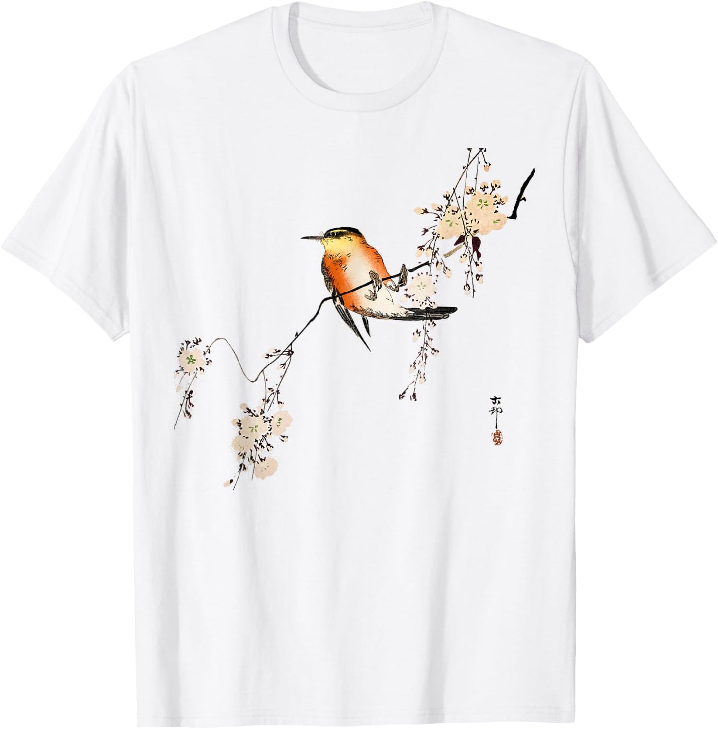Japanese art style Vintage Ukiyo-e Red bird Cherry blossoms T-Shirt - T-Shirt | White
