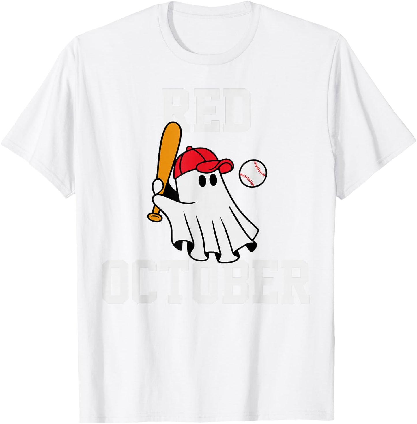 Funny Red October Halloween Ghost Playing Baseball Women Men T-Shirt - T-Shirt | White