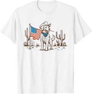 Retro Western Patriotic Cowboy Dog American Flag 4th of July T-Shirt - T-Shirt | White