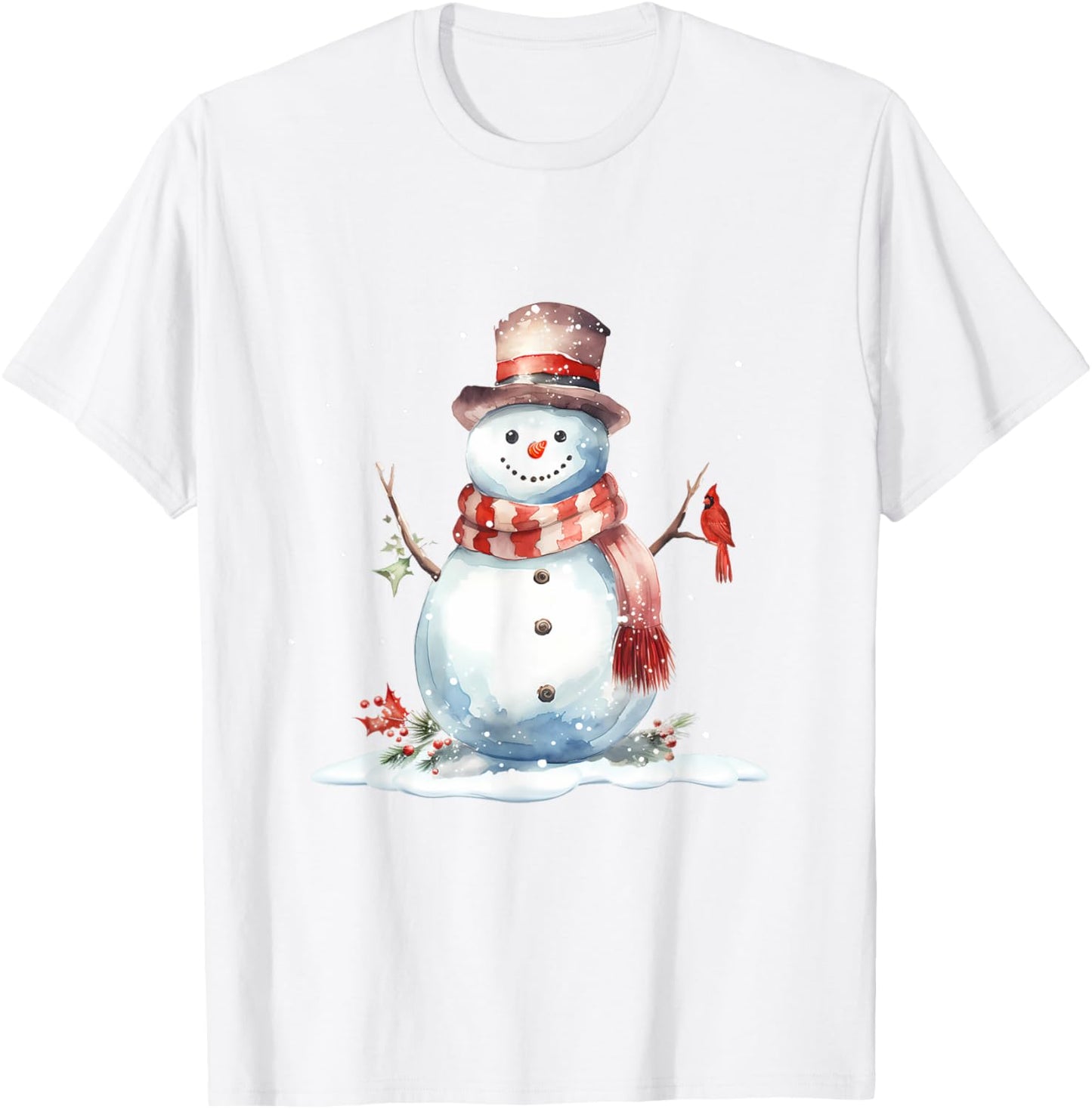 Cardinal Bird on Cute Winter Christmas Snowman, watercolor T-Shirt - T-Shirt | White