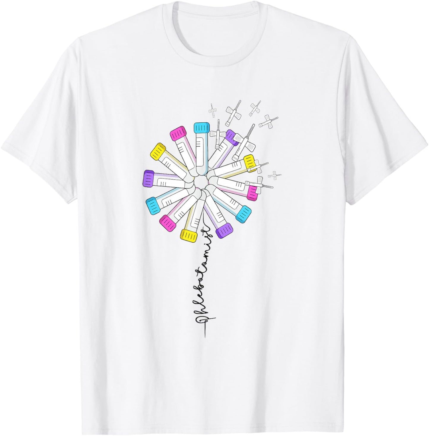 Phlebotomist Nurse Dandelion Butterflies Needle Rainbow T-Shirt - T-Shirt | White