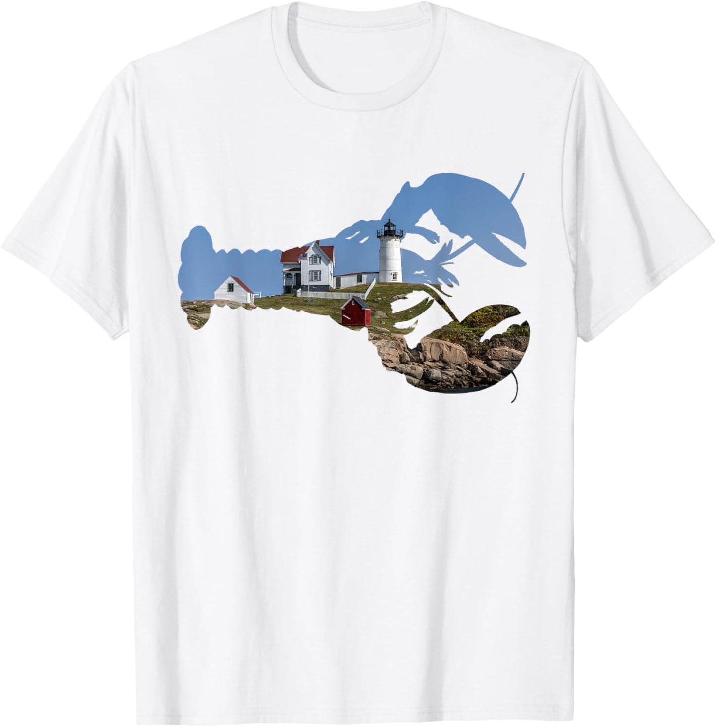Nubble Lighthouse York ME Lobster Silhouette , Small, Blue T-Shirt - T-Shirt | White