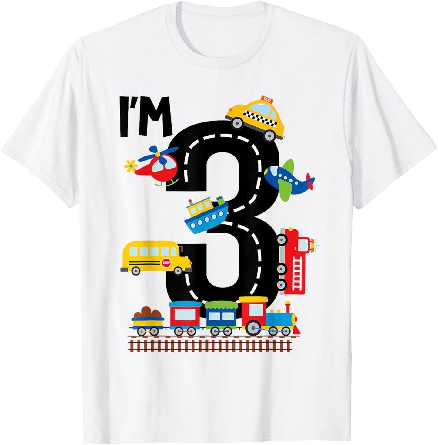 I'm 3 Years Old Birthday Boys Kids Transportation Vehicles T-Shirt - T-Shirt | White
