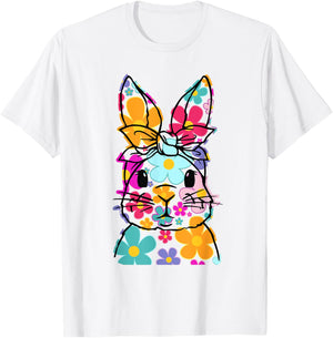 Happy Easter Bunny Daisy Floral Easter Rabbit Face Women Kid T-Shirt - T-Shirt | White