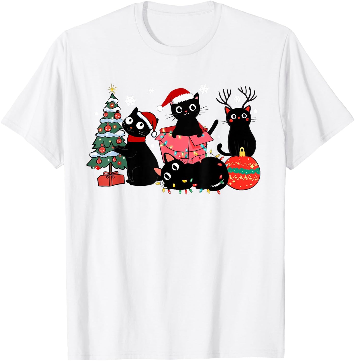 Meowy Christmas Black Cats Play Christmas Tree Lights Cats T-Shirt - T-Shirt | White