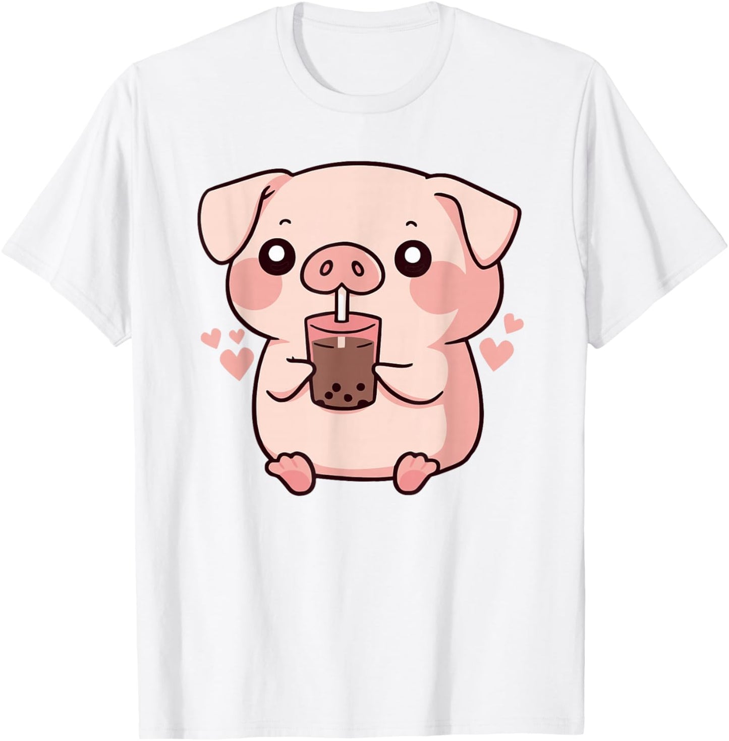 Cute Kawaii Cartoon Pig Drinking Bubble Tea T-Shirt - T-Shirt | White