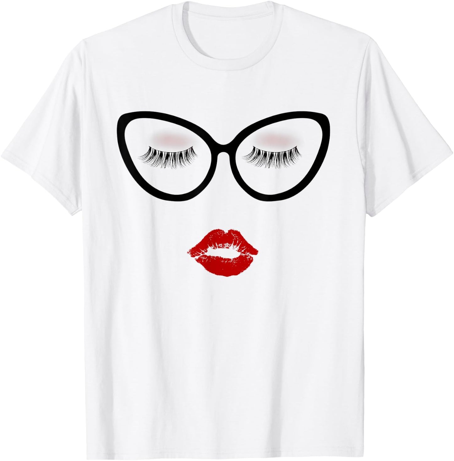 Ladies Eyelashes Black Glasses Red Pouty Full Lips Eyeshadow T-Shirt - T-Shirt | White
