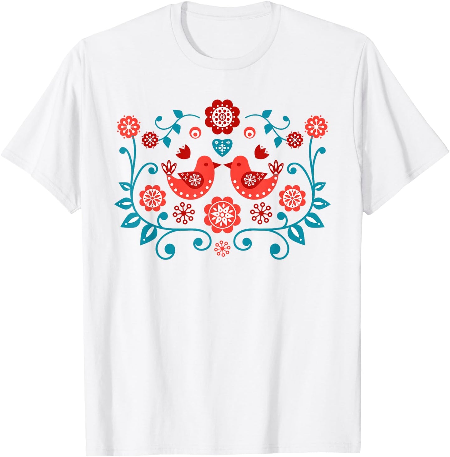 Scandinavian Folk Art Bird Pattern Shirt T-Shirt - T-Shirt | White
