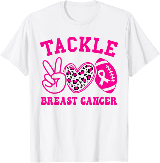 Tackle Football Peace Love Football Pink Breast Cancer Women T-Shirt - T-Shirt | White