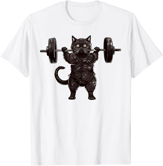 Cat Workout, Cat Deadlift, Powerlifting Kitty Weightlifting Men Women Girls Kids T-Shirt - T-Shirt | White
