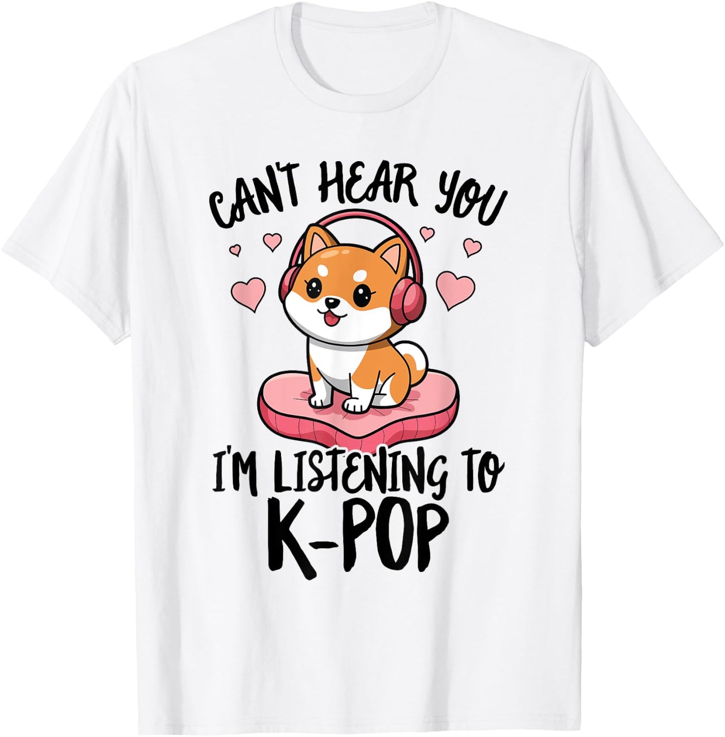 Cute Shiba Inu Dog Headphones K-Pop Music Lover Heart Kawaii T-Shirt - T-Shirt | White