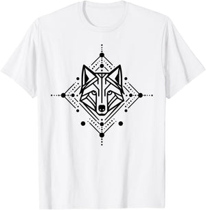 Minimal Line and Shape Black Design of A Wolf Geometric T-Shirt - T-Shirt | White