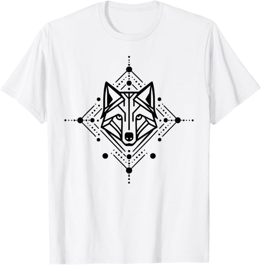Minimal Line and Shape Black Design of A Wolf Geometric T-Shirt - T-Shirt | White