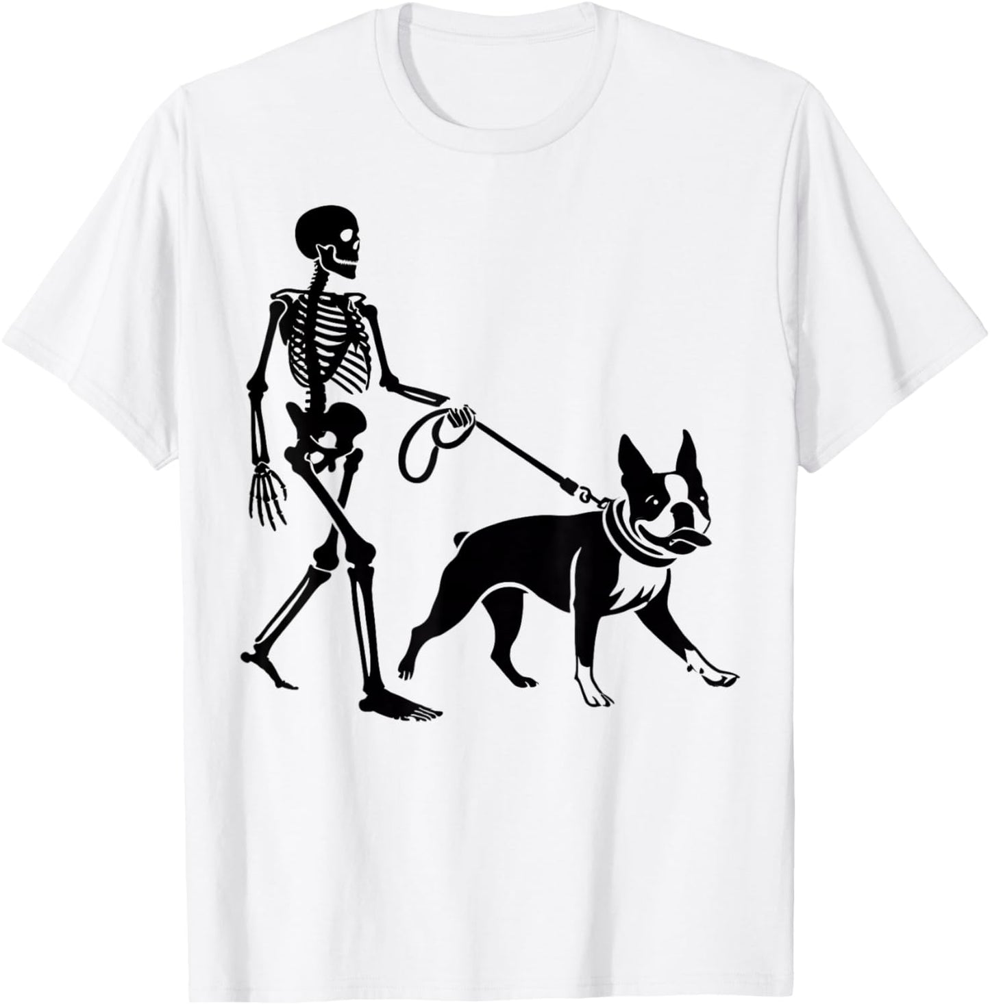Funny Halloween Skeleton Walking Boston Terrier Dog Lover T-Shirt - T-Shirt | White