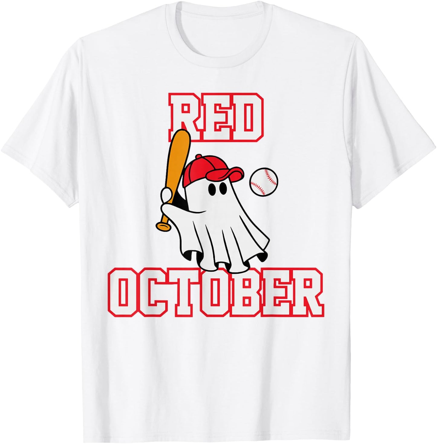 Red October Halloween Ghost Playing Baseball Sport Women Men T-Shirt - T-Shirt | White