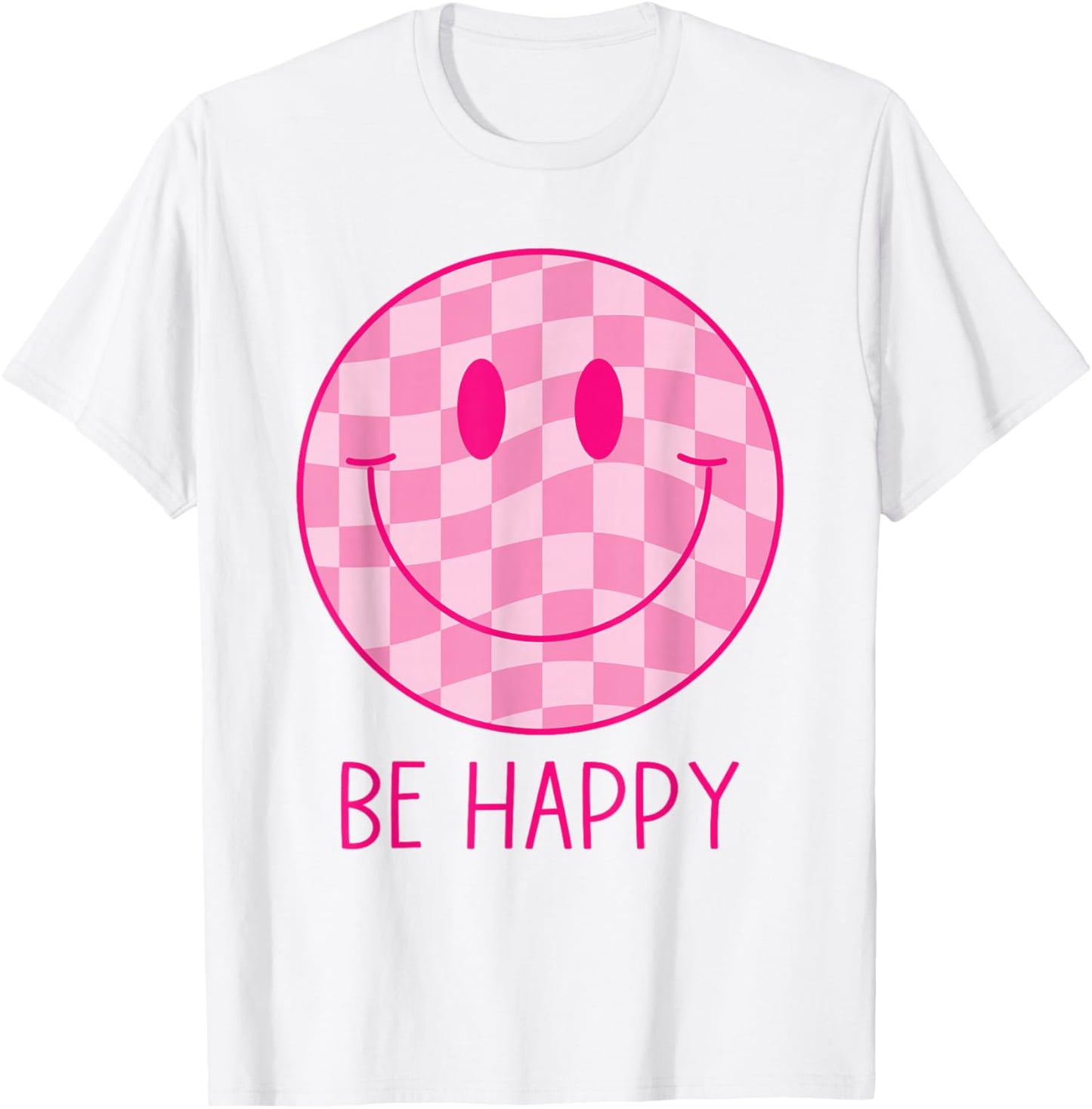 Be Happy Pink Checkered Smile Face Shirt Peace Smiling Face T-Shirt - T-Shirt | White