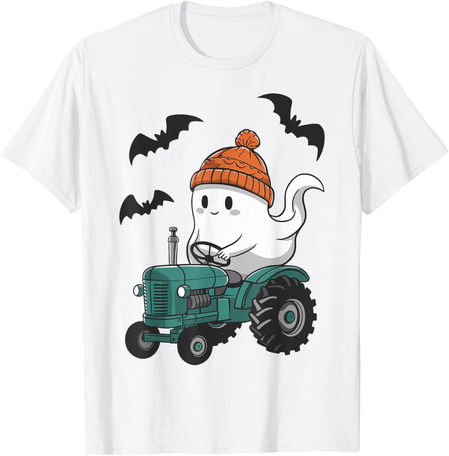 Cute Ghost Riding Tractor Lovers Spooky Halloween Farmer T-Shirt - T-Shirt | White
