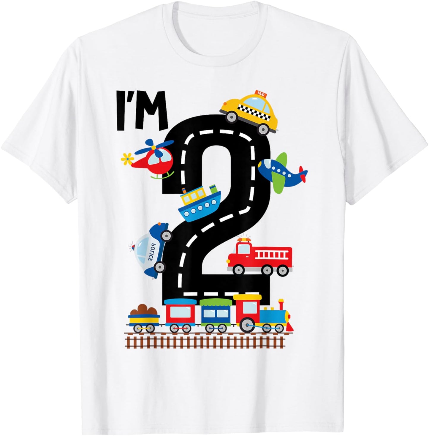 I'm 2 Years Old Birthday Boys Kids Transportation Vehicles T-Shirt - T-Shirt | White