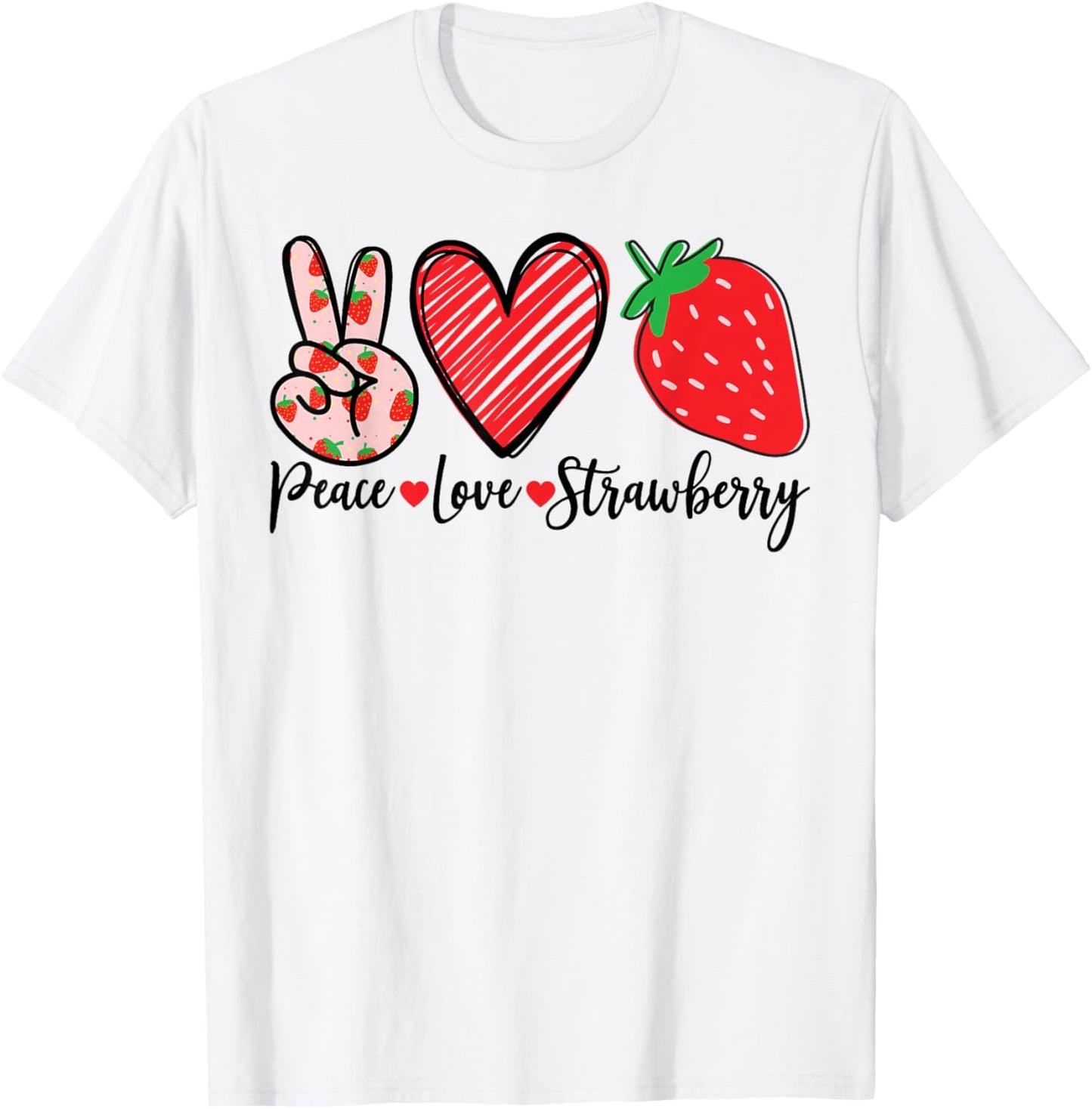 Peace Love Strawberry Graphic Fruit Design T-Shirt - T-Shirt | White