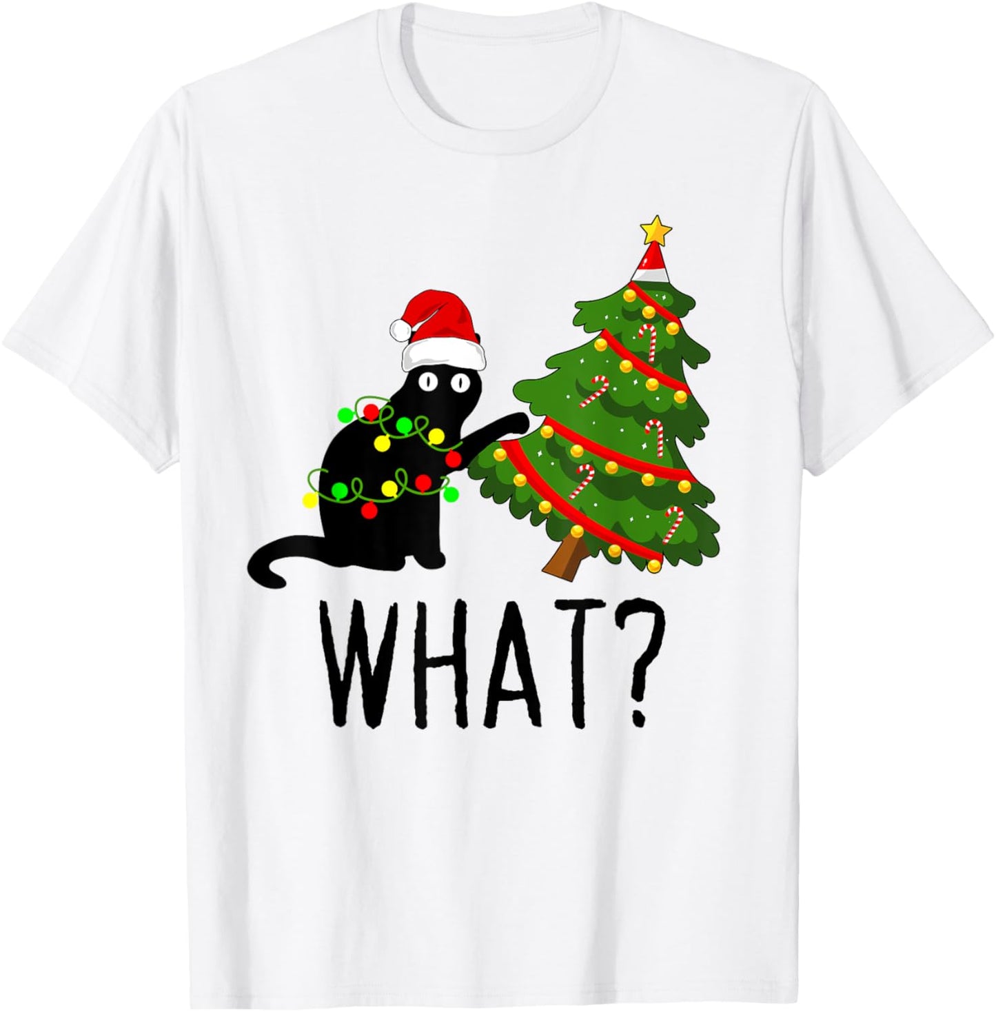 Black Cat Pushing Christmas Tree Over Cat What? Cat Shenanig Women Kids T-Shirt - T-Shirt | White