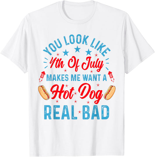 Patriotic Retro You Look Like the 4th of July Hot Dog T-Shirt - T-Shirt | White