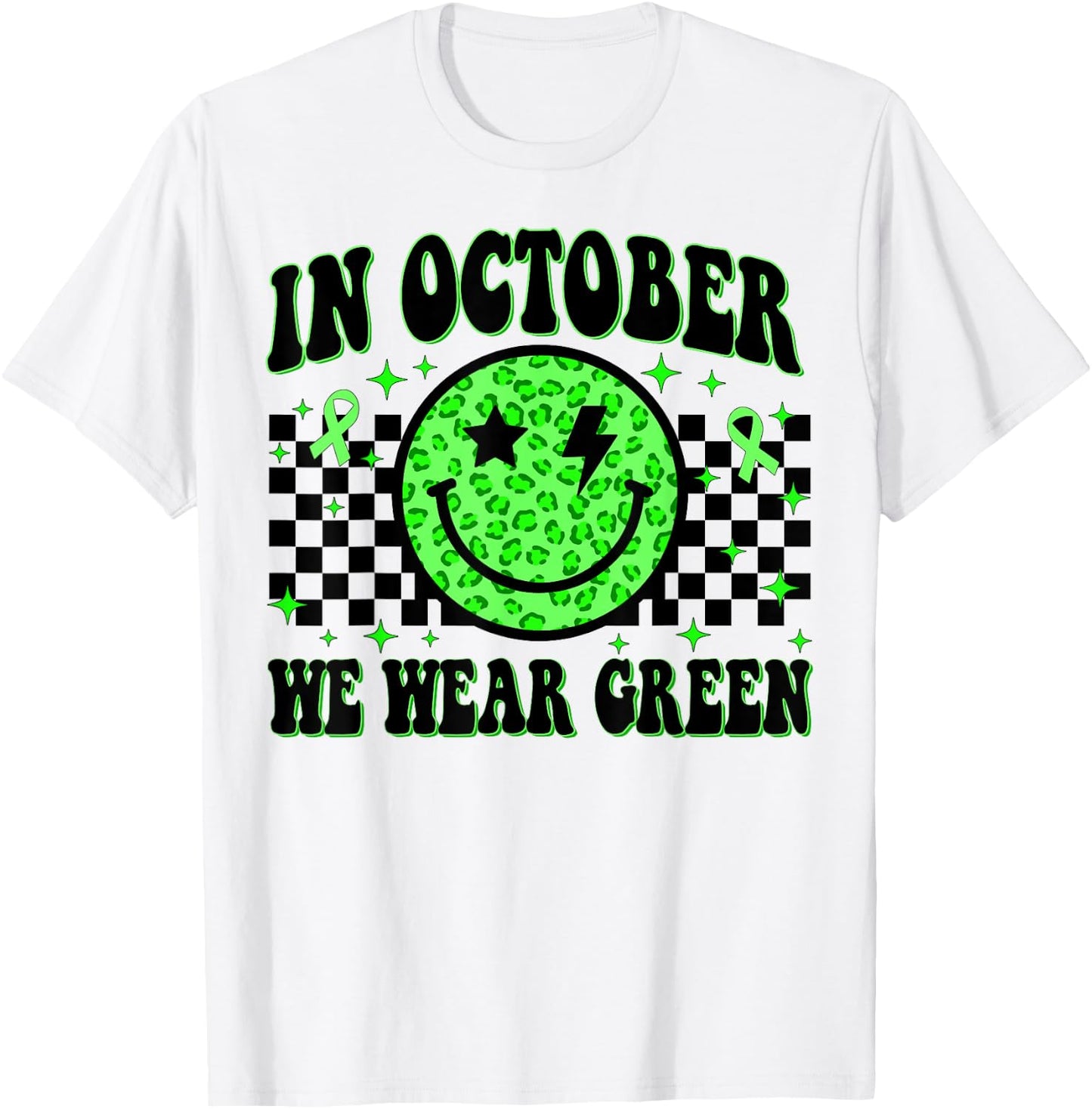In October We Wear Green Ribon Smile Face Dwarfism Awareness T-Shirt - T-Shirt | White