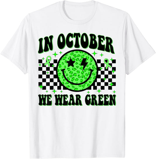 In October We Wear Green Ribon Smile Face Dwarfism Awareness T-Shirt - T-Shirt | White