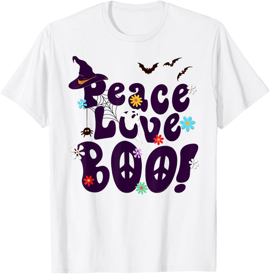 Groovy Halloween Peace Love BOO Retro Hippie Halloween T-Shirt - T-Shirt | White