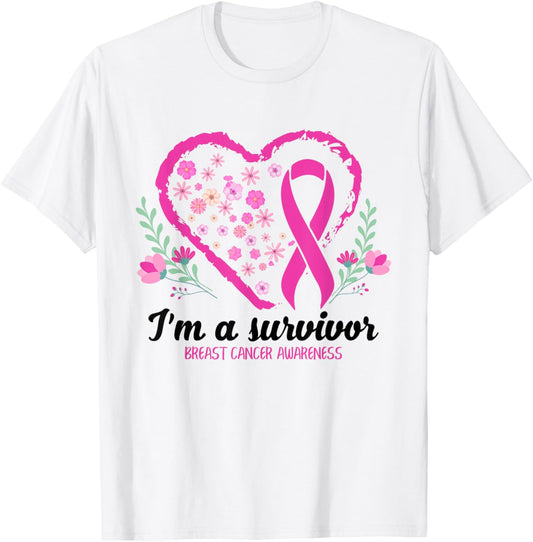 I'm A Survivor Breast Cancer Awareness Pink Ribbon Heart T-Shirt - T-Shirt | White