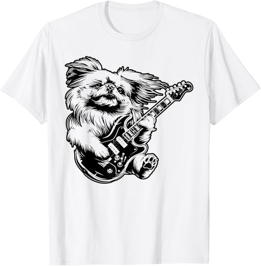 Dog Guitarist Guitar - Pekingese Dad Mom T-Shirt - T-Shirt | White