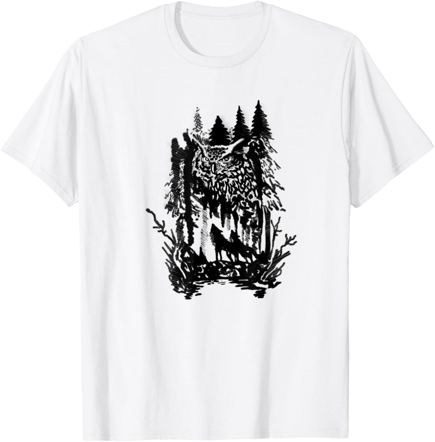 Beautiful harmony owls and wolves with forest design T-Shirt - T-Shirt | White