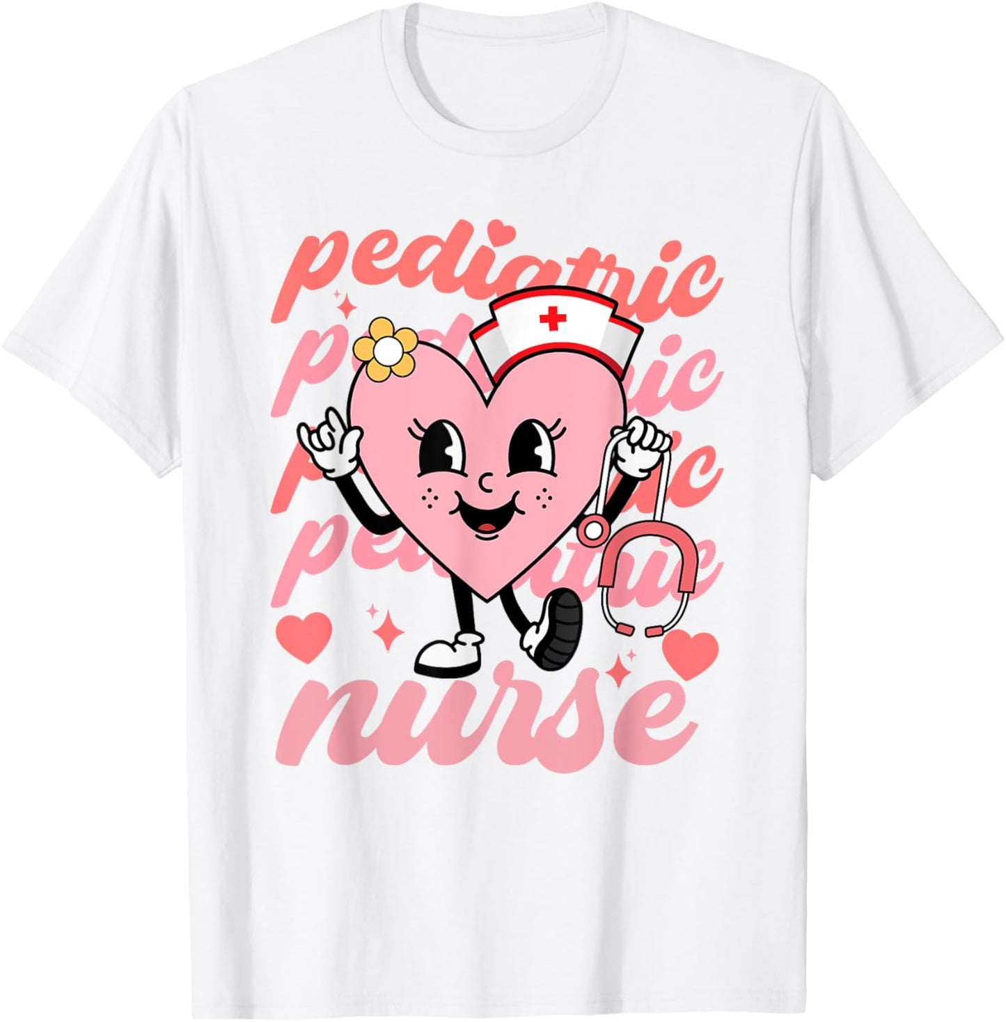 Retro Pediatric Nurse Cute Valentines Day Hearts Stethoscope T-Shirt - T-Shirt | White