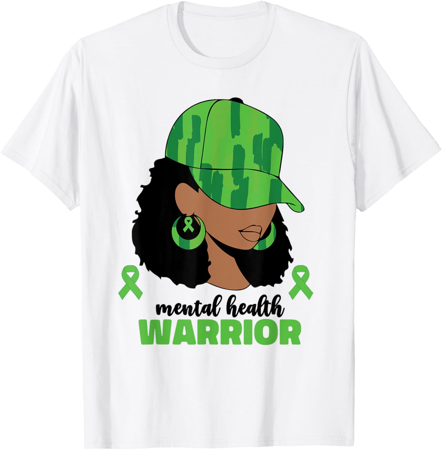 Mental Health Warrior Afro Black Women Green T-Shirt - T-Shirt | White