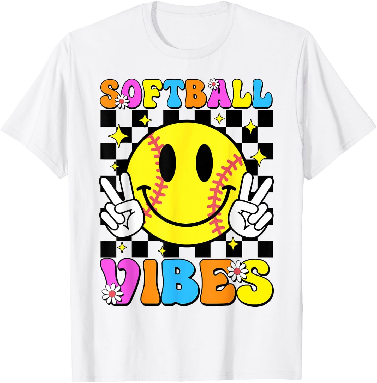 Groovy Softball Vibes Smile Face Checkered Girls Women T-Shirt - T-Shirt | White