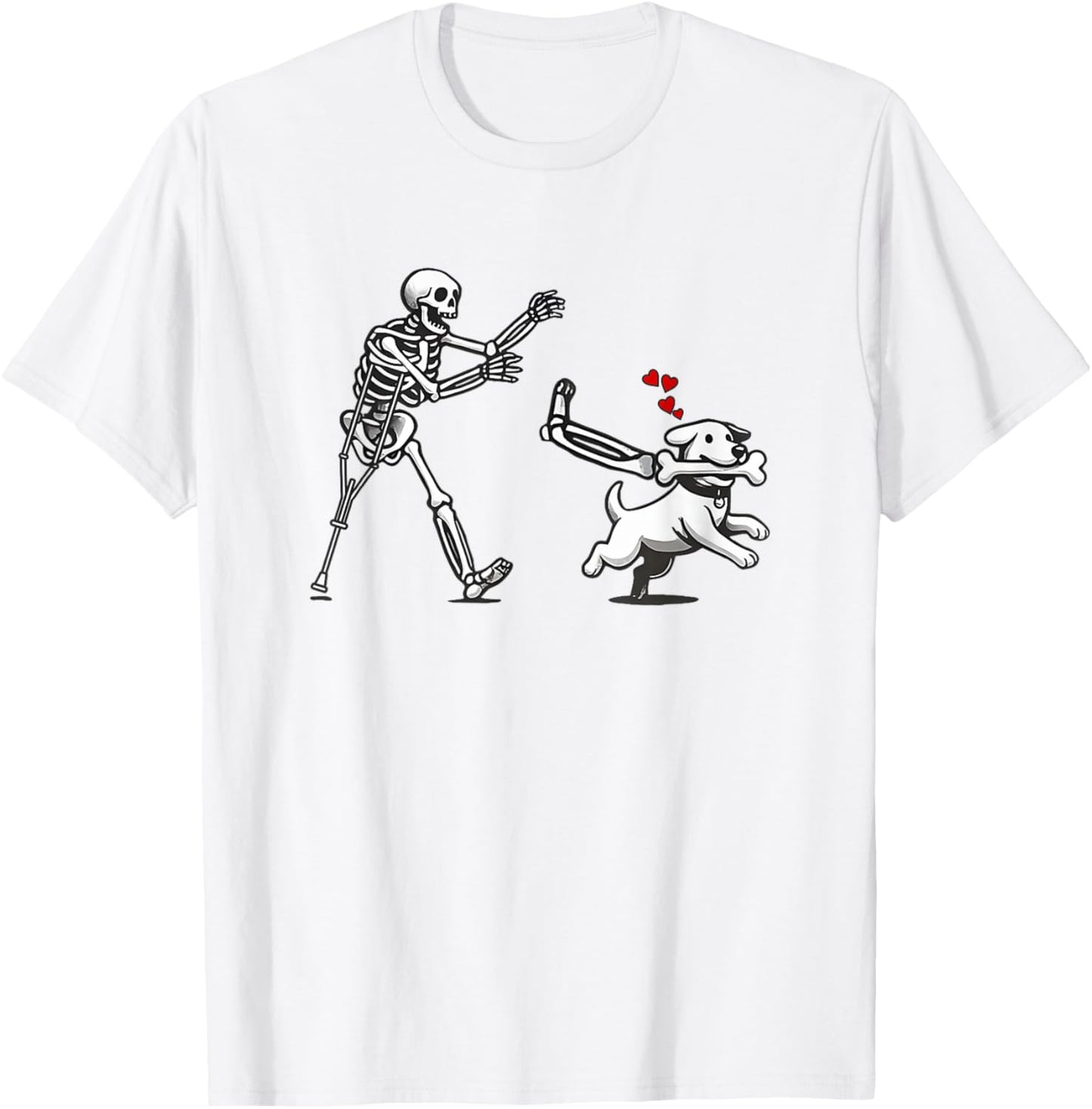 Funny Skeleton Chasing Dog, Funny Dog, Halloween Skeleton T-Shirt - T-Shirt | White