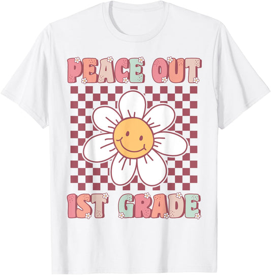 Peace Out First Grade Cute Groovy Last Day of 1st Grade T-Shirt - T-Shirt | White