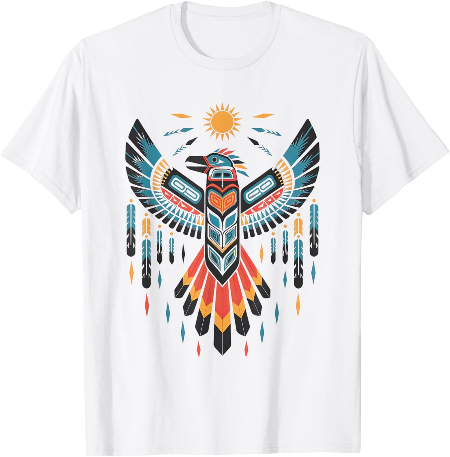 North American Tribal Thunderbird Vibrant Geometric Design T-Shirt - T-Shirt | White