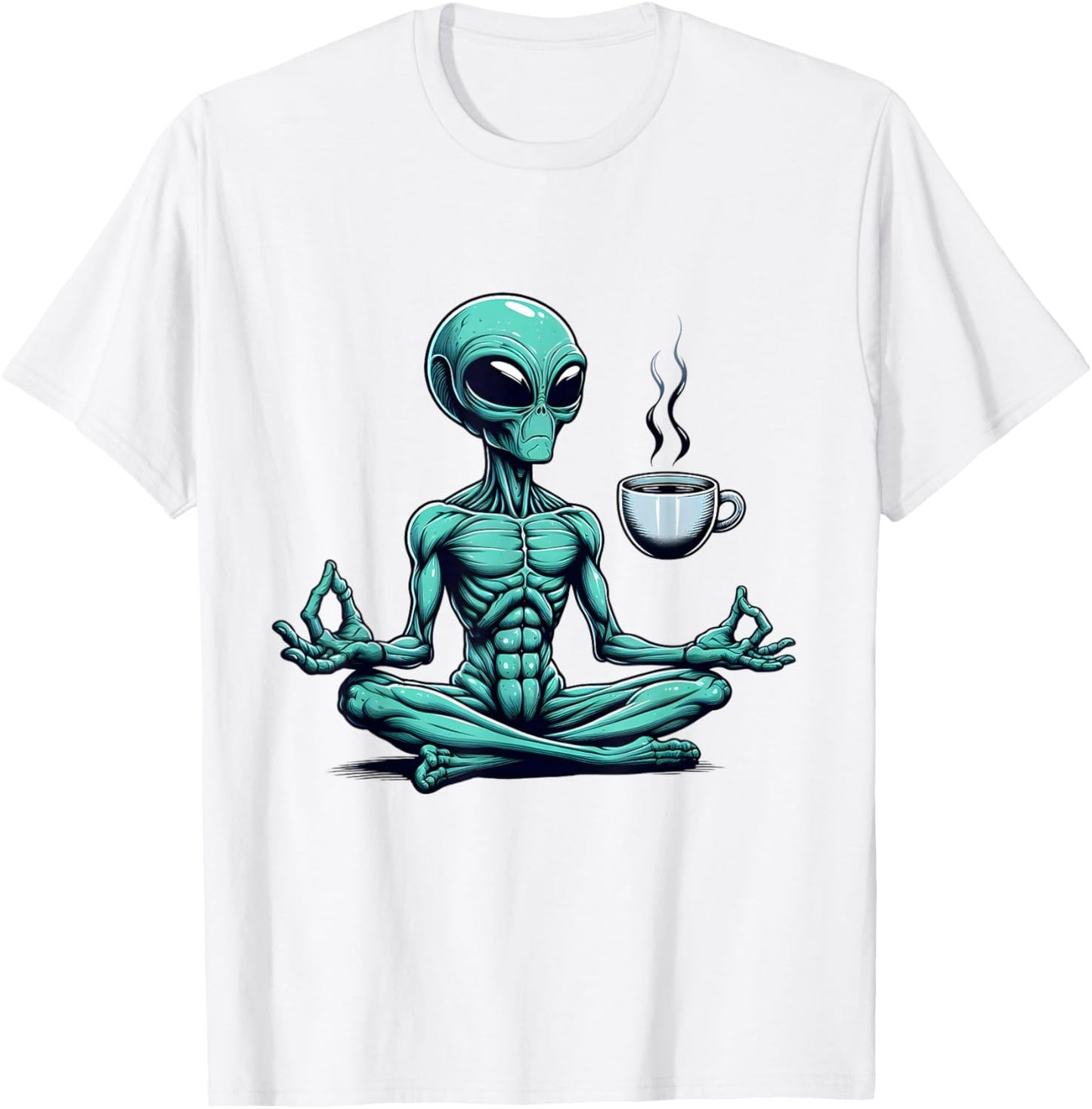 Alien Yoga With Coffee Mug UFO Lover Funny Meditate Poses T-Shirt - T-Shirt | White