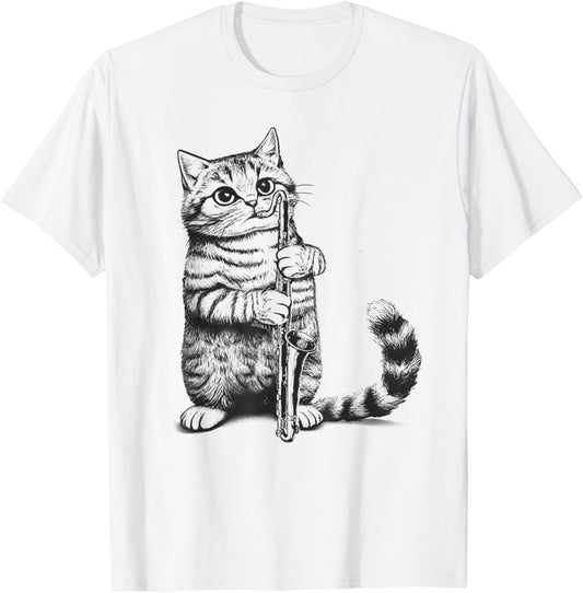 Cat Kitten Playing Bass Clarinet Player Bass Clarinetist Men Women Kids T-Shirt - T-Shirt | White