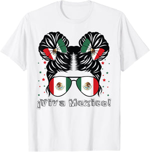 Messy Bun Girl Viva Mexico Independence Day Mexican Flag T-Shirt - T-Shirt | White
