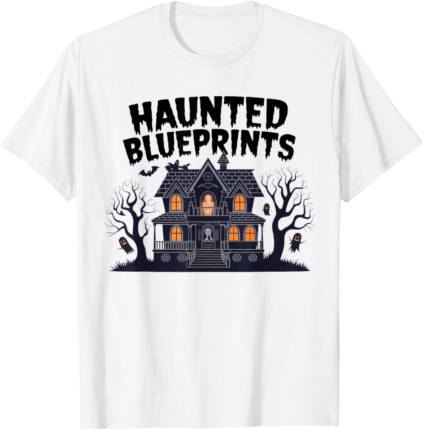 Haunted Blueprints Ghostly House Architect Halloween T-Shirt - T-Shirt | White