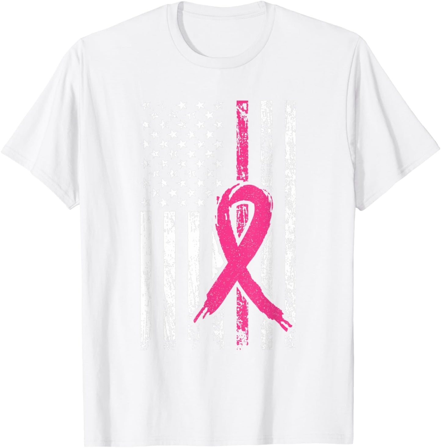 Pink Ribbon Retro USA American Flag Breast Cancer Awareness T-Shirt - T-Shirt | White