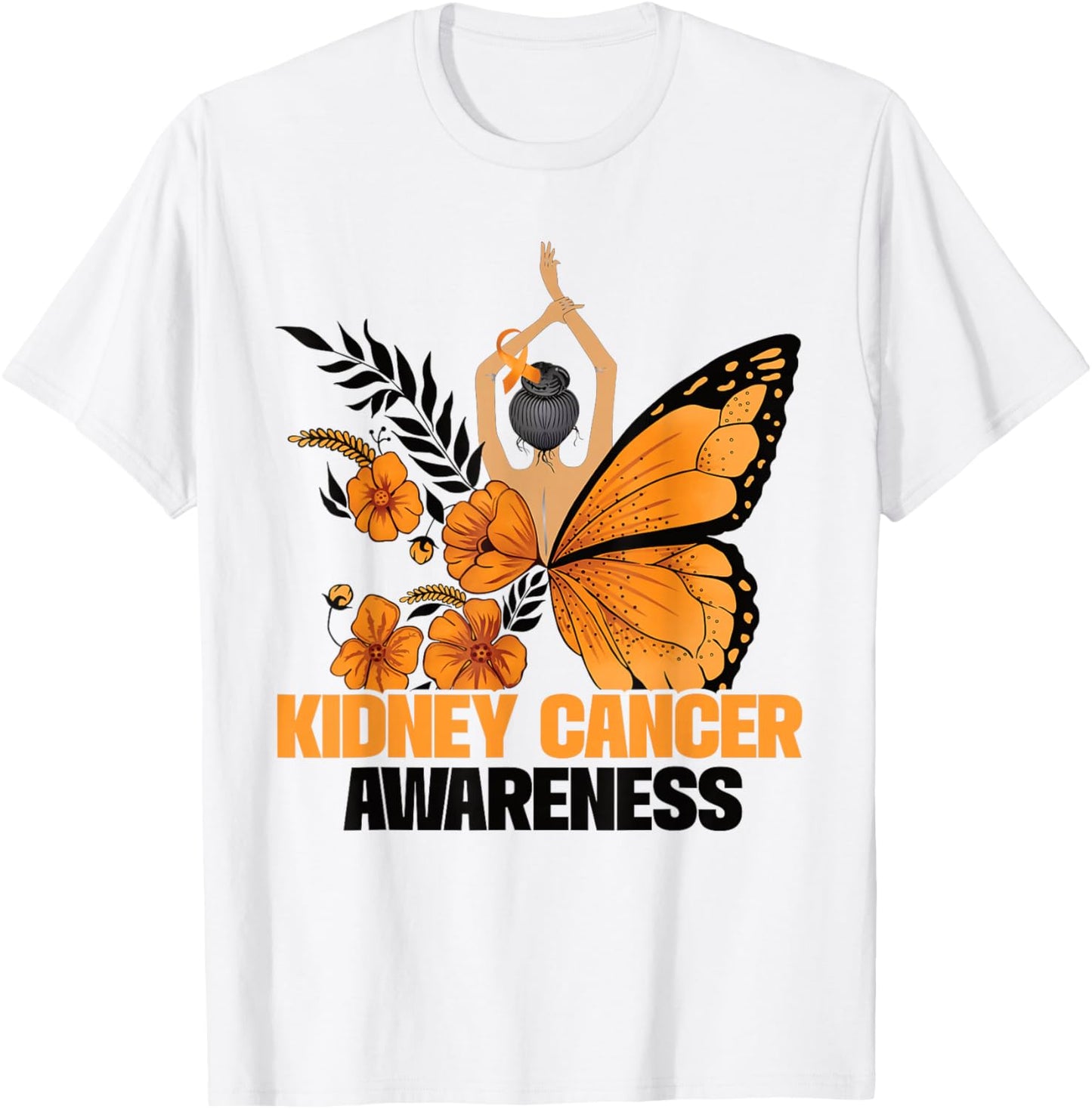 Kidney Cancer Awareness Butterfly Orange Ribbon T-Shirt - T-Shirt | White