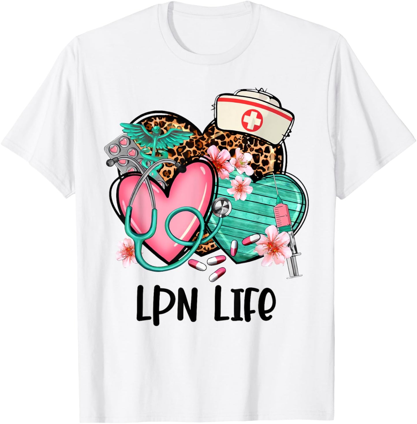 LPN Shirt Nurse Life Graphic Leopard Heart T-Shirt - T-Shirt | White